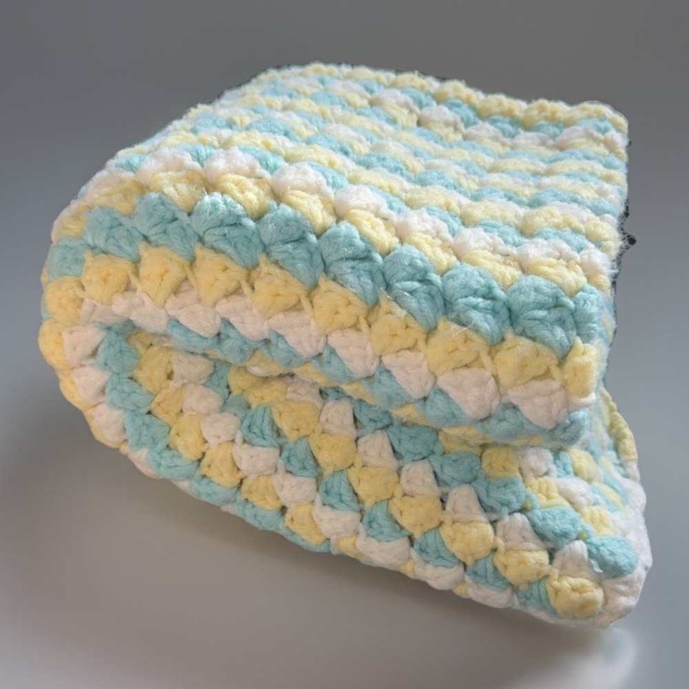 Vtg Crotchet Baby Blanket HandKnitted Blue & Yellow Boys Nursery Soft 34x35in